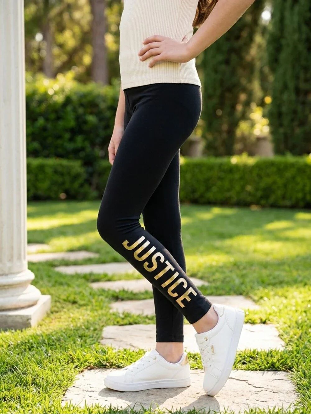 Justice Girls 10 Black Gold Logo Leggings High Rise Stretch Active Pants Pull-On